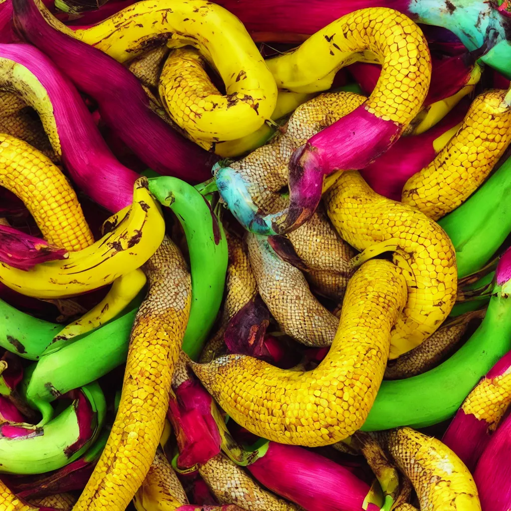 Image similar to snake banana in the shape of colorful corncob, closeup, hyper real, food photography, high quality