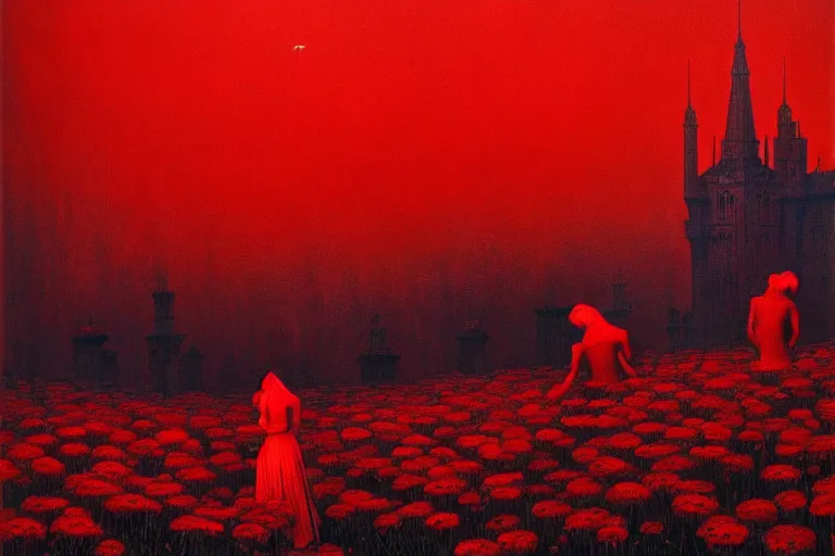 Image similar to only with red, red flowers of different types, red castle in background, red medieval goblins, in the style of beksinski, parts by edward hopper, parts by rodcenko, parts by yue minjun, intricate and epic composition, red by caravaggio, insanely quality, highly detailed, masterpiece, red light, artstation, 4 k