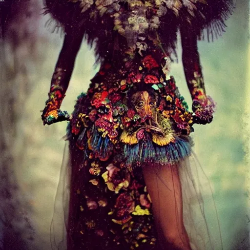 Prompt: kodak portra 4 0 0, wetplate, photo of a surreal artsy dream scene,, weird fashion, in the nature, highly detailed face, very beautiful model, portrait, close up, extravagant dress, carneval, animal, wtf, photographed by paolo roversi style and julia hetta