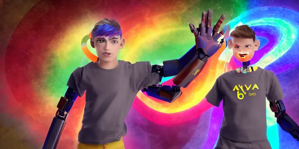 Image similar to a 16 year old boy with god rainbow elemental powers brown hair cut like lebron james a rainbow t shirt that says subscribe to waya steurbaut 2 on youtube and a half robot half elve half demon cute boy octane render in the style of waya steurbaut, high resolution film render 100k, photo realistic