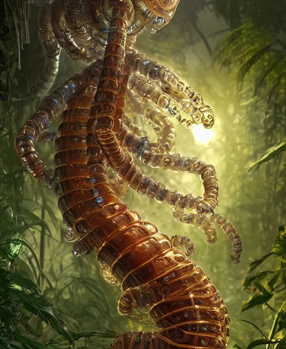 Image similar to intricate ornate opulent transparent clear see - through portrait of a terrifying male alien centipede robot, mottled coloring, adorable, childlike, overgrown jungle environment, ultra realistic, concept art, art nouveau, photorealistic, octane render, 8 k, unreal engine. art by christopher marley and artgerm and greg rutkowski and alphonse mucha