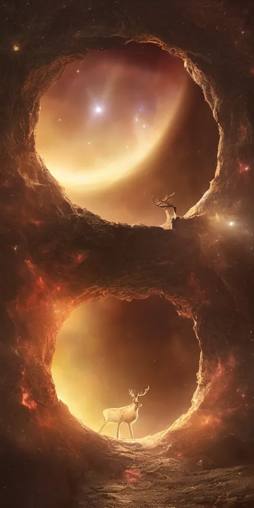 Prompt: an extreme long shot of a deer peering into a giant portal into the universe and galaxies in the shape of a keyhole to the nebulae and galaxies, beautiful matte painting by weta workshop 4 k, cinematic dramatic atmosphere, dramatic lighting, trending on artstation