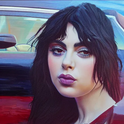 Image similar to charli xcx on the windshield of a car, oil painting, detailed