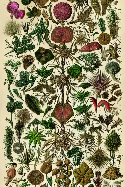 Image similar to an extremely high quality hd, a drawing of a group of plants and animals, an illustration of by earnst haeckel, deviantart, folk art, photoillustration, repeating pattern, woodcut, 8 k, ultra realistic, very realistic