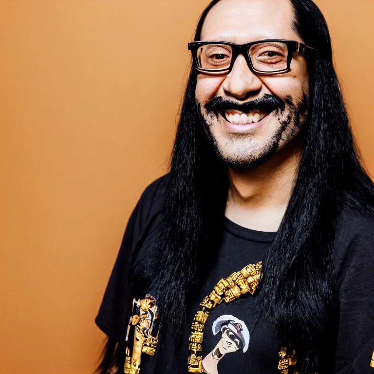 Prompt: A photo of Emperor Kuzco!!!!!!!!!!!!!!!! with his black long hair, face shaved and smiling with confidence. Portrait by Terry Richardson. Golden hour. 8K. UHD. Bokeh.