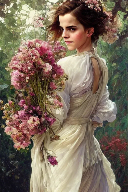 Image similar to portrait of emma watson as beautiful mysterious woman holding a bouquet of flowing flowers, hands hidden under the bouquet, fantasy, regal, intricate, by stanley artgerm lau, greg rutkowski, thomas kindkade, alphonse mucha, loish, norman rockwell