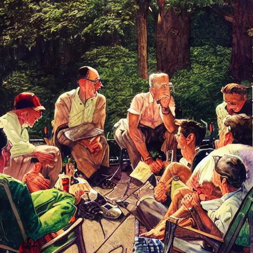 Image similar to an iconic beautiful illustration by norman rockwell of a group of friends gathering around to watch a slideshow pictures from a recent vacation trip, trending on artstation, highly detailed