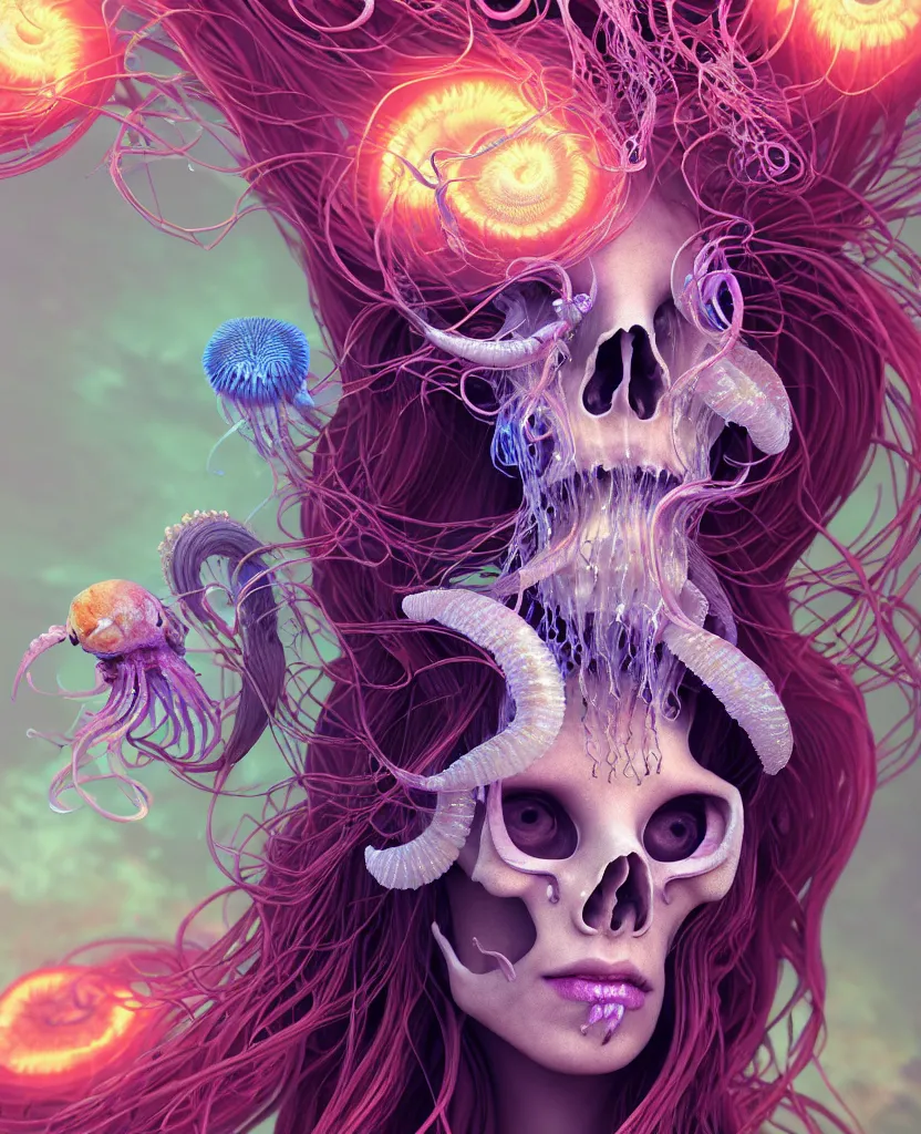 Image similar to goddess princess face close-up portrait ram skull. jellyfish phoenix head, nautilus, orchid, skull, betta fish, bioluminiscent creatures, intricate artwork by Tooth Wu and wlop and beeple. octane render, trending on artstation, greg rutkowski very coherent symmetrical artwork. cinematic, hyper realism, high detail, octane render, 8k