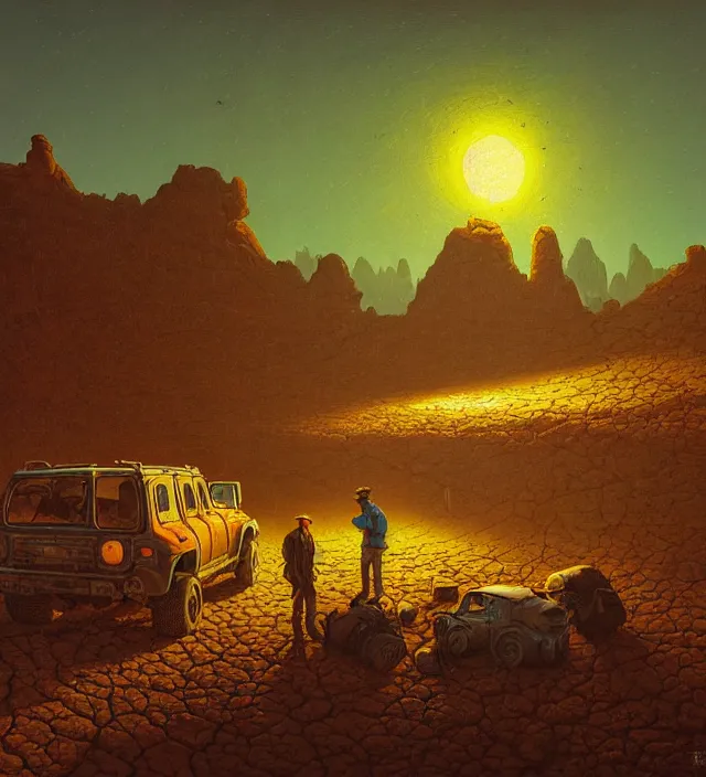 Prompt: the crash site at a dry river bed in a barren 🏜 by ivan shishkin and zacharias aagaard and simon stalenhag and dan mumford, chiaroscuro, tonalism, sfumato, high saturation, retrowave