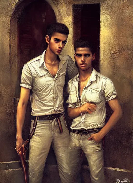 Image similar to portrait of a handsome young cuban buddies in old havana, by tom bagshaw and manuel sanjulian and greg rutkowski