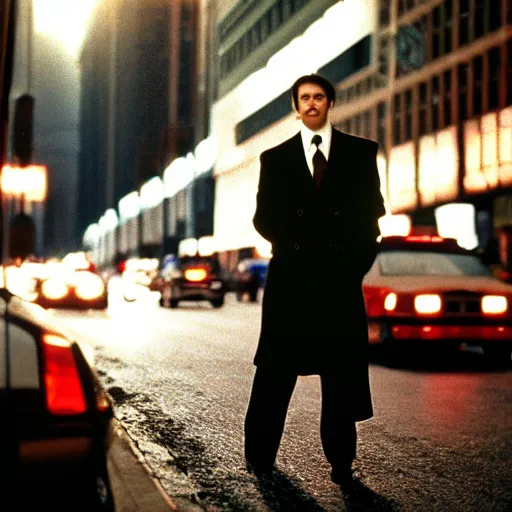 Prompt: 1 9 9 8 peter the great wearing a black wool coat and necktie in his car driving through the streets of chicago at night. cinematic dramatic atmosphere, sharp focus, soft volumetric studio lighting. high detail, photorealistic