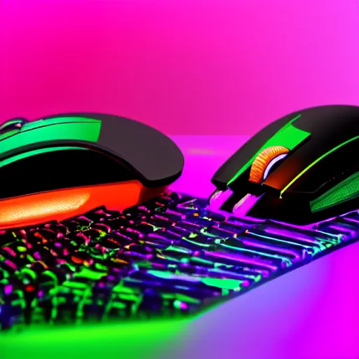 Prompt: A mouse is working on a computer detailed, colorful, glowing lighting, 4k, dimly lit, in the style of retro future,