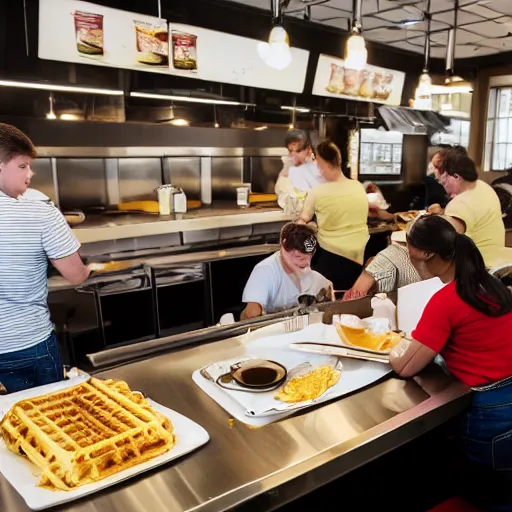 Image similar to busy wafflehouse interior with customers eating breakfast and wafflehouse employees serving food and cooking behind countertop