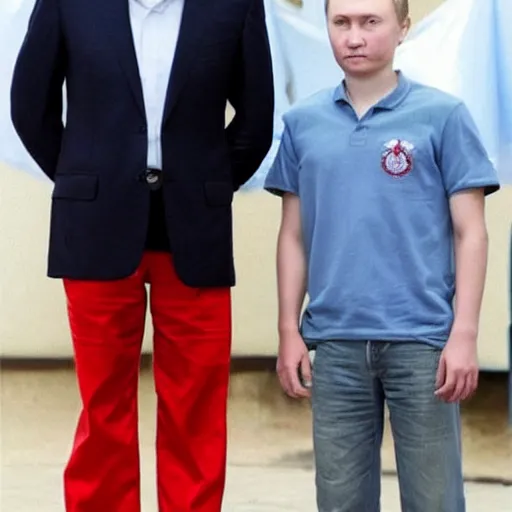 Image similar to putin teams up with a teenage putin, perfect faces