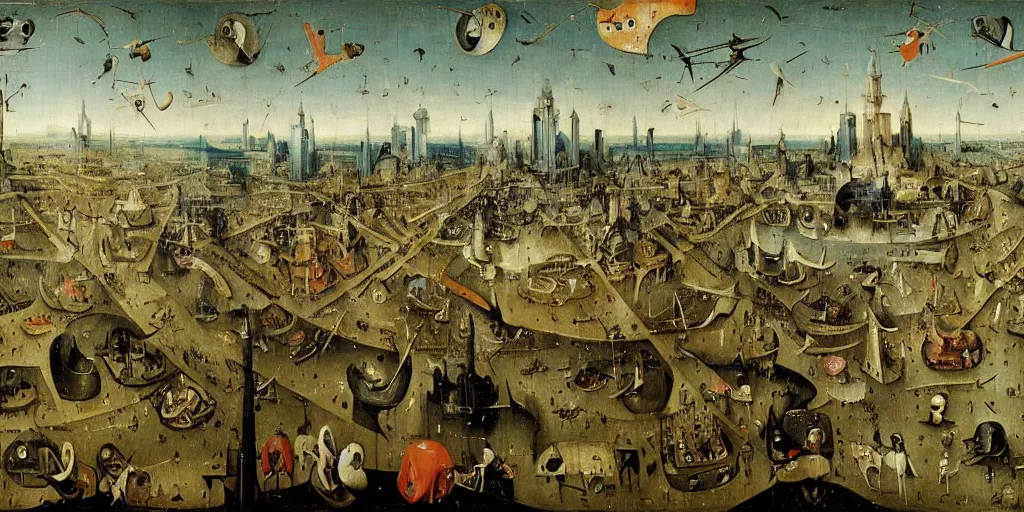 Image similar to view of a crowded cyberpunk city painted by hieronymus bosch, highly detailed, intricate, landscape, art by hieronymus bosch
