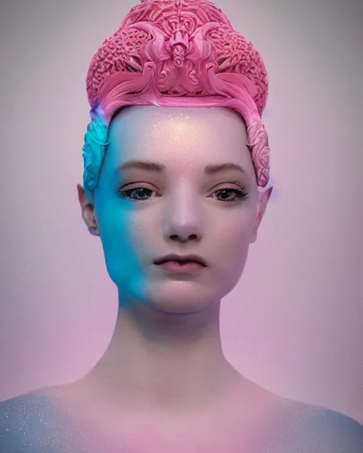 Image similar to natural light, soft focus portrait of an android with soft synthetic pink skin, blue bioluminescent plastics, smooth shiny metal, elaborate ornate head piece, piercings, skin textures, by annie liebovotz,