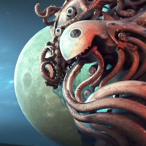 Prompt: a biomechanical space kraken eating one of the moons of Jupiter, hype realistic, Octane render, Unreal Engine 3D