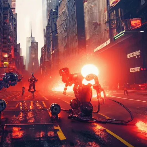 Image similar to robot gangster riot in new york, ultra hyper realistic art, artstation, details, 8 k, very clear picture, cinematic lightning, smooth, hdd, frank miller art style