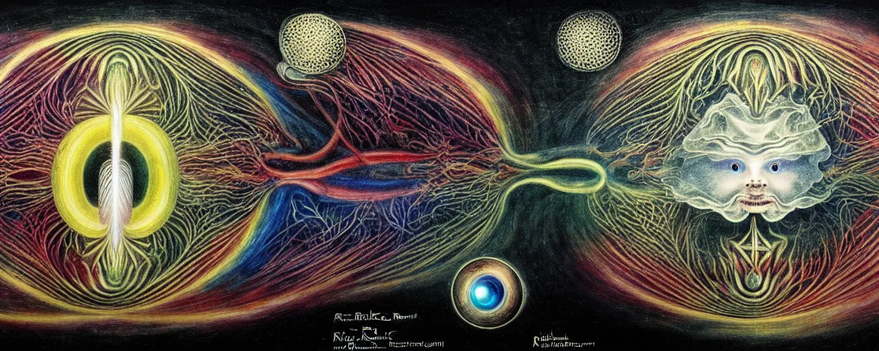 Prompt: a strange bifrost creature with endearing eyes radiates a unique canto'as above so below'while being ignited by the spirit of haeckel and robert fludd, breakthrough is iminent, glory be to the magic within, in honor of saturn, painted by ronny khalil
