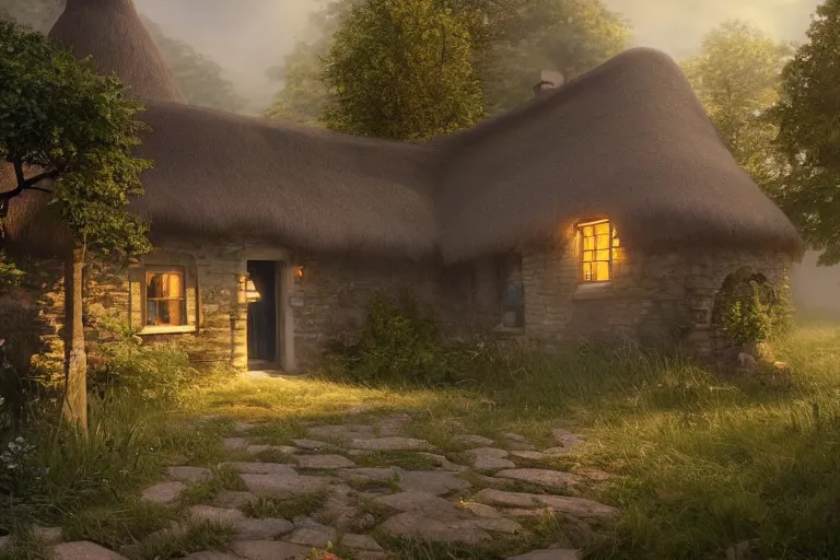 Prompt: a beautiful matte painting of a little cottage, trending on artstation, 1 2 k, ultra realistic, unreal engine, octane render, volumetric lighting, ray tracing by greg rutkowski and james gurney