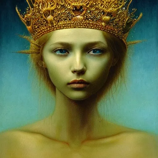 Prompt: teen queen with golden hairs in golden crown, very pale, with blue eyes, painting by Beksinski