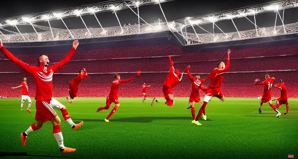 Image similar to soccer goal moments, players, people, football club spartak moscow wins the 2 0 2 4, champions league, final at wembley stadium, soviet realism style, 8 k