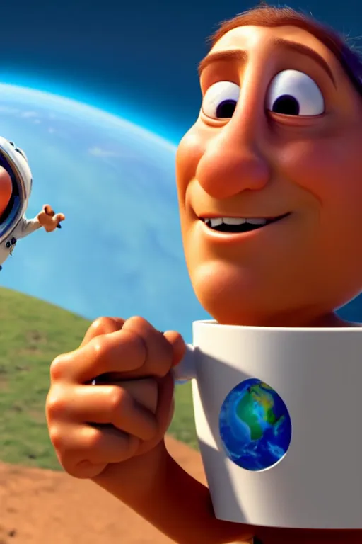 Prompt: portrait of a astronaut holding a cup of coffee with the earth in background, full body. pixar disney 4 k 3 d render funny animation movie oscar winning trending on artstation and behance, ratatouille style