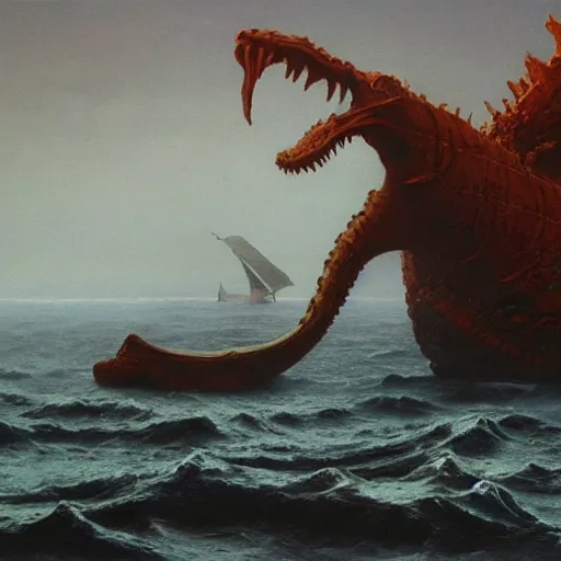 Image similar to sea monster, fantasy monster from the sea, painting, Zdzisław Beksiński , Ruan Jia, Rudolf Béres, James Zapata, Jamey 8k