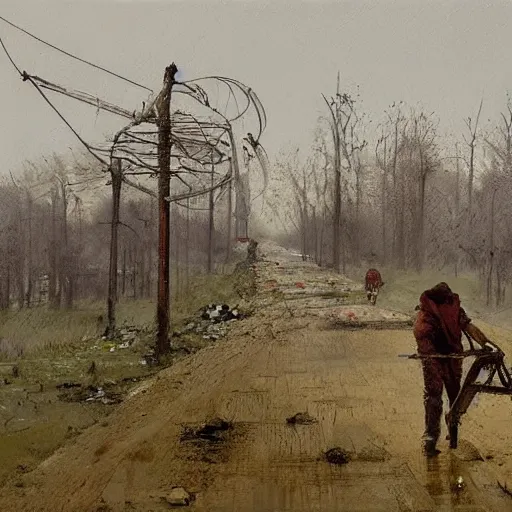 Image similar to painting by jakub rozalski of a person walking with a wheelbarrow in an abandoned post soviet town infested with root monsters