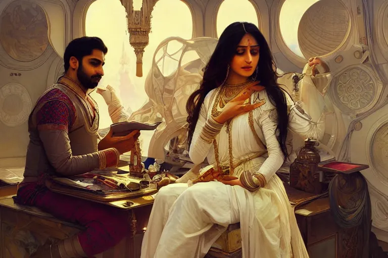 Image similar to Sensual good looking pale young Indian doctors wearing Renaissance clothing in a space station above Earth, portrait, elegant, intricate, digital painting, artstation, concept art, smooth, sharp focus, illustration, art by artgerm and greg rutkowski and alphonse mucha