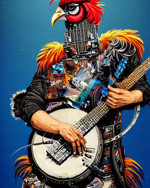 Image similar to a portrait of an anthropomorphic cyberpunk rooster shredding a banjo by sandra chevrier, by jon foster, detailed render, tape deck, epic composition, cybernetics, 4 k realistic, cryengine, realistic shaded lighting, sharp focus, masterpiece, by enki bilal