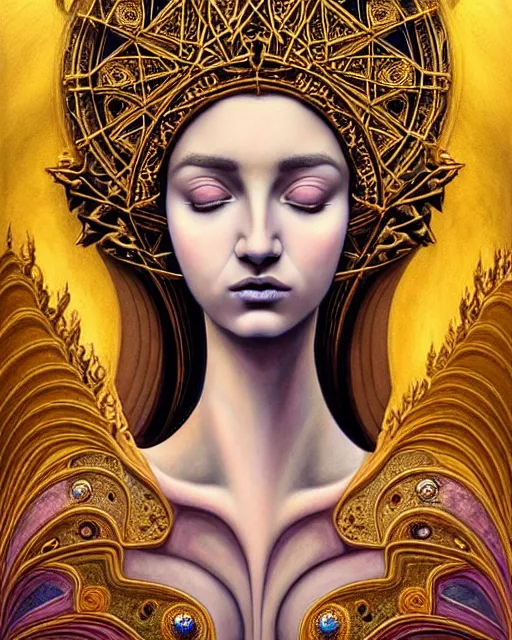 Image similar to portrait of a beautiful young goddess' face merging with a cathedral building, unusual beauty, etheric, outworldly dimmed colours, emotionally evoking symbolic metaphors, head in focus, fantasy, ornamental, intricate, elegant, highly detailed painting, artstation, concept art, painterly, golden ratio, sharp focus, art by James Jean and Zdzisław Beksiński and Antonio Mora,