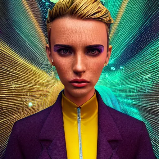 Image similar to stylish woman cartoon portrait made out of rain, pinstripe suit, short blond hair, galactic background, rendered in octane, unreal engine, highly detailed, trending on artstation, realistic, splashes of neon, beautiful