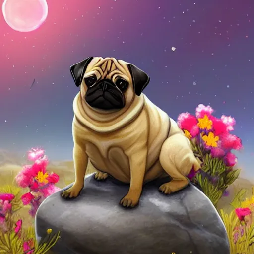 Prompt: an Pug sitting on a rock on Mars surrounded by flowers, with the sky full of stars, digital art, trending on artstation, HDR