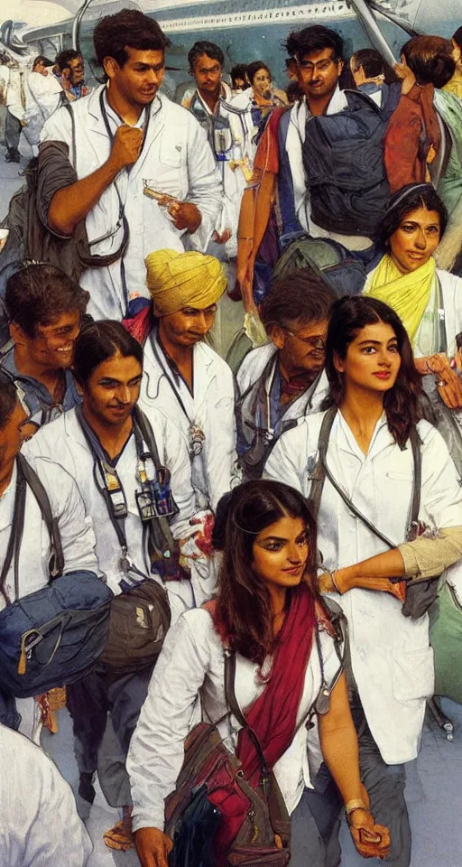 Image similar to close up of young Indian doctors in scrubs disembarking at Heathrow, sun shining, photo realistic illustration by greg rutkowski, thomas kindkade, alphonse mucha, loish, norman rockwell.