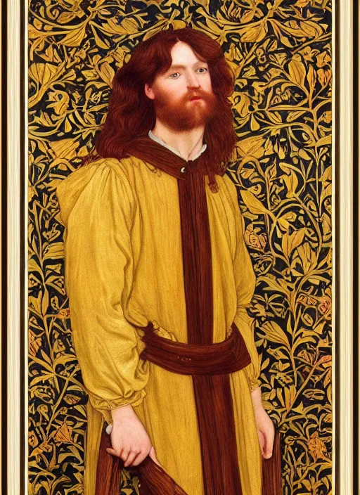 Image similar to preraphaelite full body reclining portrait photography masterpiece, perfectly poised, brown hair fringe, yellow ochre ornate medieval dress, william morris and kilian eng, framed, 4 k
