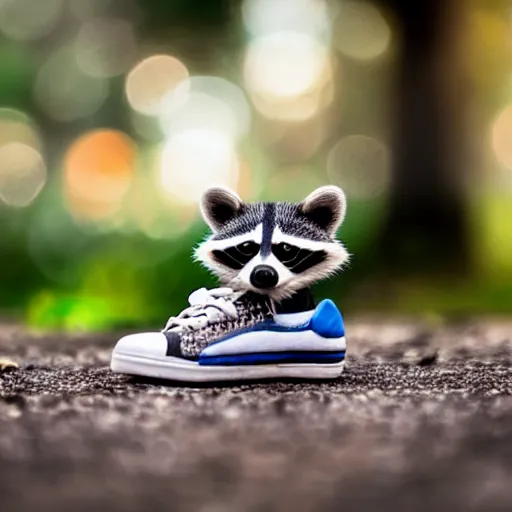 Prompt: a cute raccoon and a white sneaker shoe with its laces undone, highly detailed, hyperrealistic, award winning, national geographic wildlife photo, bokeh, 5 0 mm f 1. 4, soft lighting