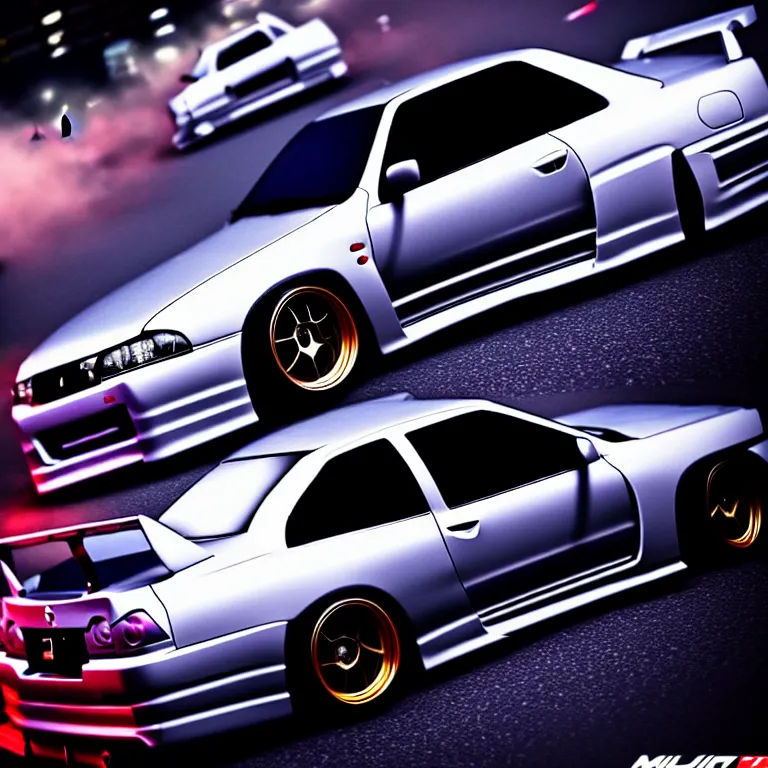 Prompt: a car Nissan R33 GTR twin turbo drift at illegal car meet, Shibuya prefecture, city midnight mist lights, cinematic lighting, photorealistic, highly detailed wheels, high detail