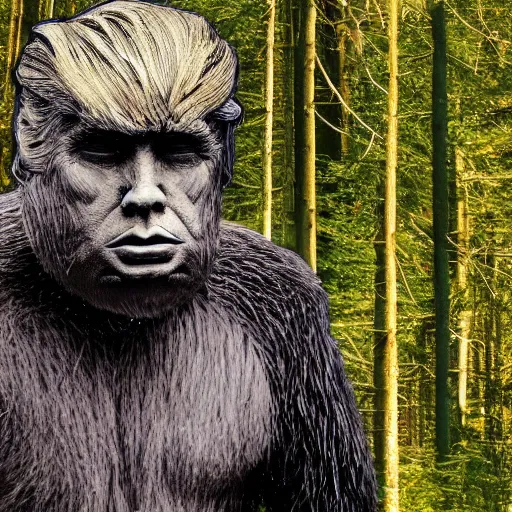 Prompt: donald trump as bigfoot, cryptozoology photograph, forest, setting,