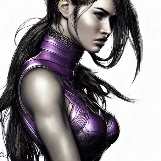 Image similar to close up portrait of megan fox in smooth purple sci - fi armor, long black ponytail, elegant, intense, woman, an ultrafine hyperdetailed illustration by kim jung gi, irakli nadar, intricate linework, sharp focus, bright colors, octopath traveler, final fantasy, unreal engine 5, global illumination, radiant light