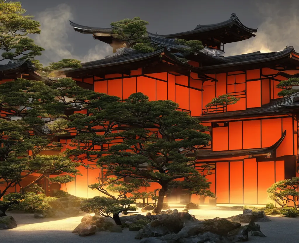 Prompt: photo of the exterior of a futuristic japanese house with traditional japanese garden, dramatic lighting, smoke, ceiling fluorescent lighting, black and orange colour palette, wide shot, octane render