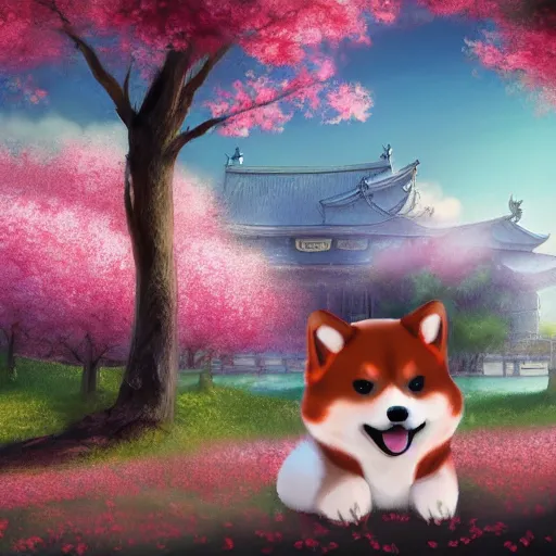 Image similar to a cute fluffy shiba inu plays under the cherry blossom tree, highly detailed, digital painting, artstation, concept art, movie still, smooth, sharp focus uhd 8 k