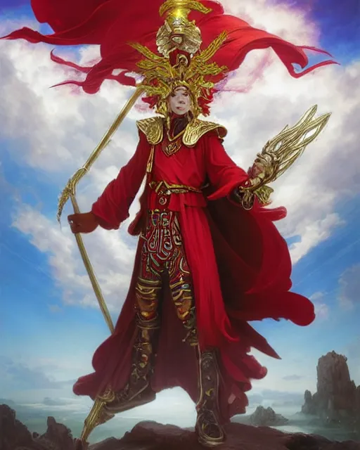 Image similar to A Full View of a Red Mage wearing red white and gold striped magical shining Conquistador armor and a feathered hat holding a staff of power with a gemstone topper surrounded by an epic cloudscape. Magus. Red Wizard. masterpiece. 4k digital illustration. by Ruan Jia and Artgerm and Andreas Rocha and William-Adolphe Bouguereau and Edmund Blair Leighton, award winning, Artstation, intricate details, realistic, Hyperdetailed, 8k resolution