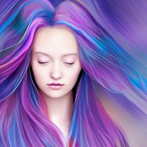 Image similar to portrait of a beautiful girl with iridescent translucent hair, her eyes are closed, hair is floating, digital art, ethereal