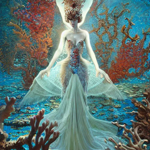 Prompt: Oil painting of sea queen wearing a detailed dress, the dress is made of shells and seaweed and coral, sorcerer, underwater, D&D, Magic The Gathering, by Craig Mullins, intricate details, light rays from the surface, Nekro, Victo Ngai, centered, symmetrical, volumetric lighting