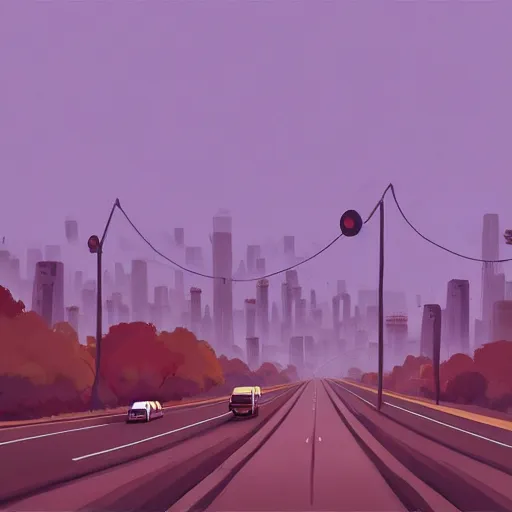 Image similar to goro fujita ilustration on the left you can see the big city, on the right you can see the forest there is a highway halfway full of cars leaving the city, painting by goro fujita, sharp focus, highly detailed, artstation