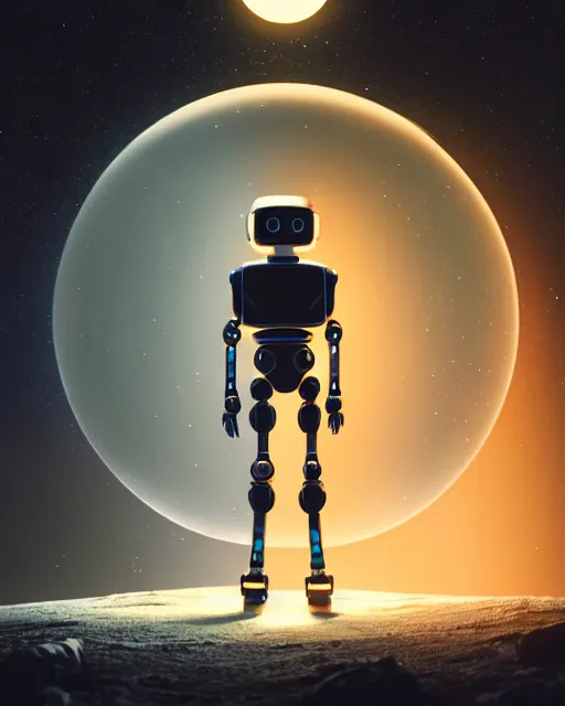 Image similar to a robot standing in front of a glowy open door that's on a barren moon, poster art by mike winkelmann, trending on cg society, space art, sci - fi, ue 5, futuristic, volumetric lighting, light casting onto the ground, neat composition and camera angle