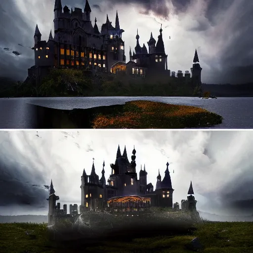 Image similar to a surreal elaborate dark gothic stone castle built over a lake at midnight with a second upside-down castle looming in the clouds above it, dramatic lighting, concept art, hyperdetailed, 4k