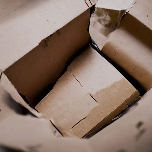 Prompt: broken and damaged cardboard box pulled apart, ripped, wrapped in fragile tape