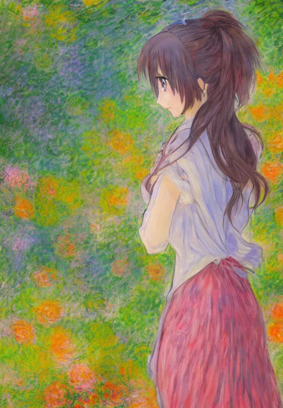 Image similar to wide angle painting of a teenage girl, a thrifty outfit, somewhat of an anime in impressionist style, fantasy forest background, trending artwork, illustrated in anime painter studio, by claude monet and an anime artist, collaboration